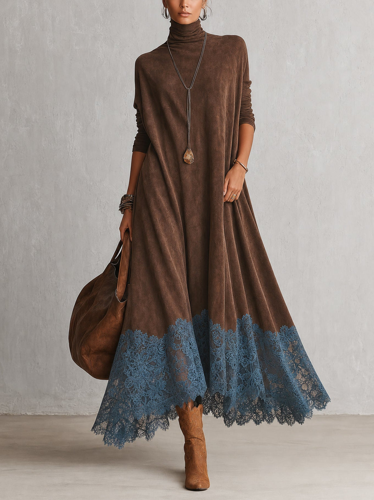 Leonora | Abito Maxi con Orlo in Pizzo e Maniche Arricciate
