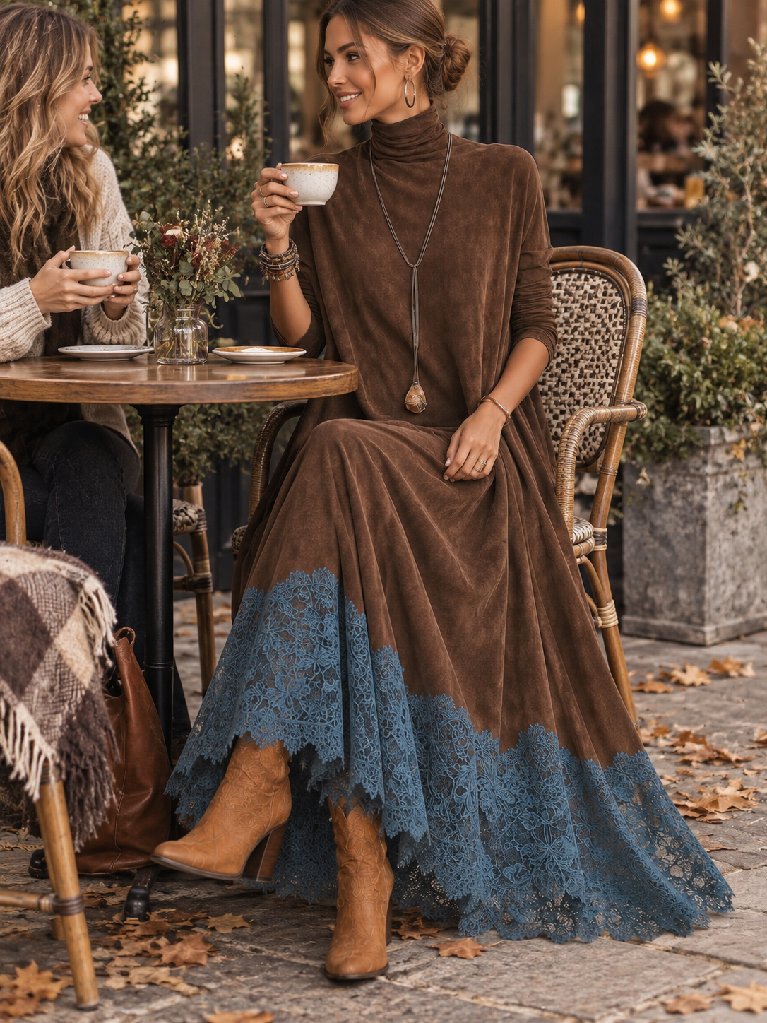 Leonora | Abito Maxi con Orlo in Pizzo e Maniche Arricciate