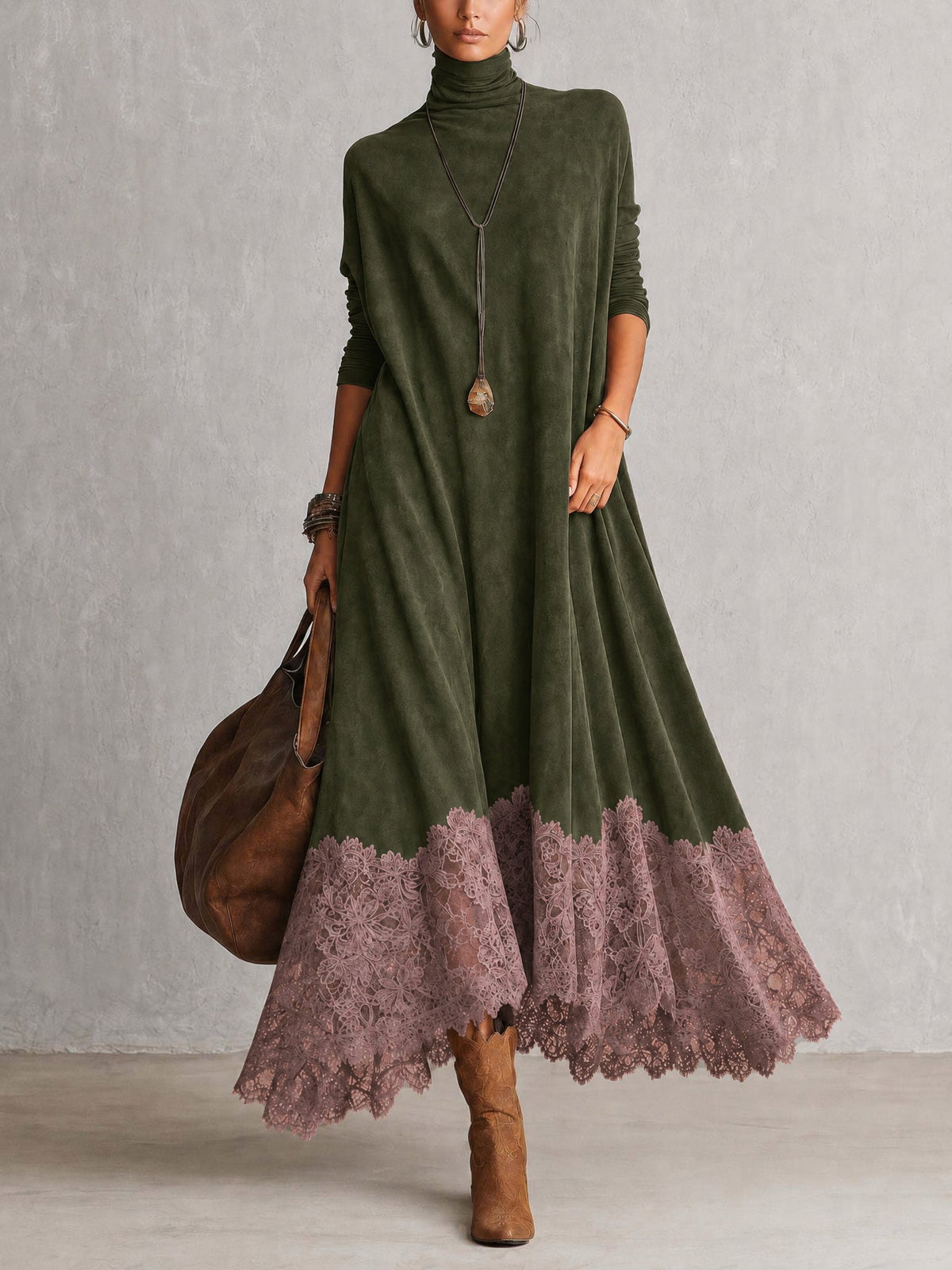 Leonora | Abito Maxi con Orlo in Pizzo e Maniche Arricciate