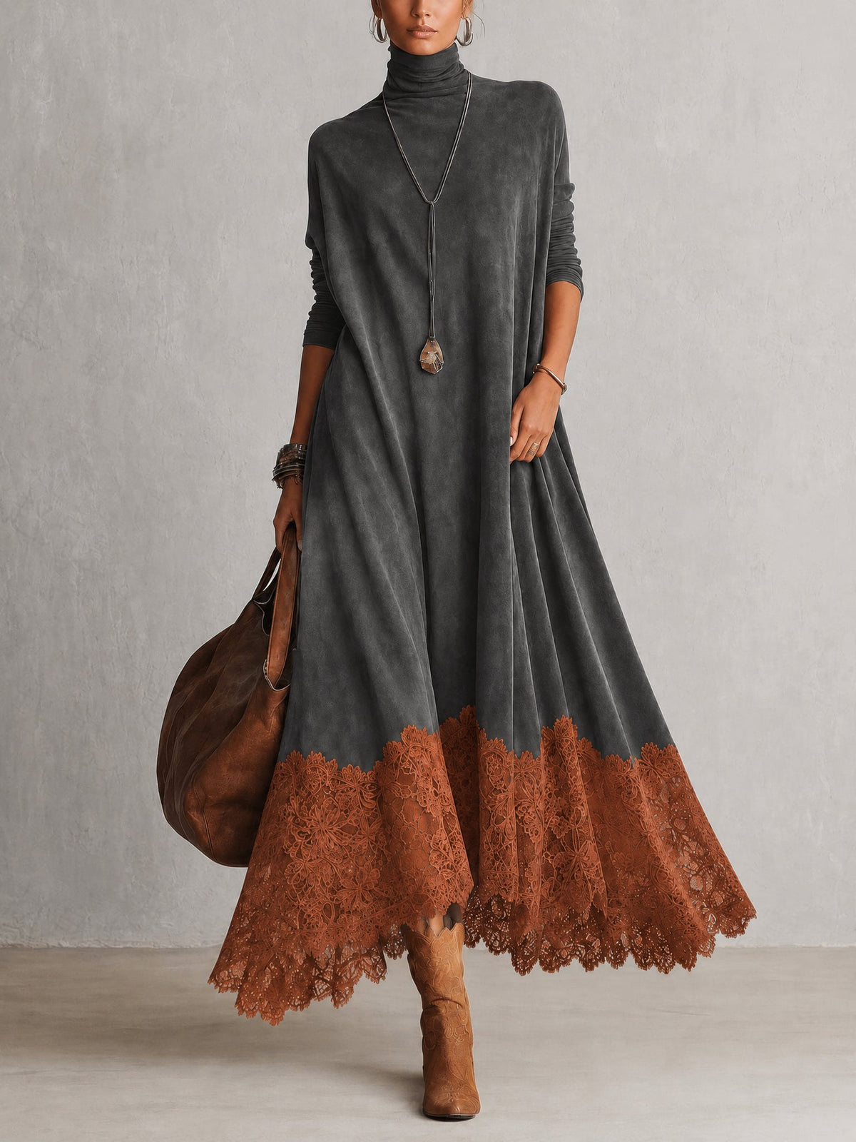 Leonora | Abito Maxi con Orlo in Pizzo e Maniche Arricciate
