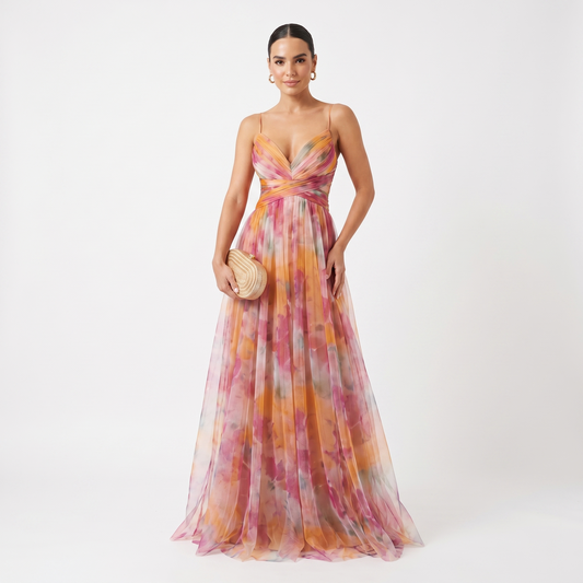 Helena | Vestido de gala en tul con estampado acuarela